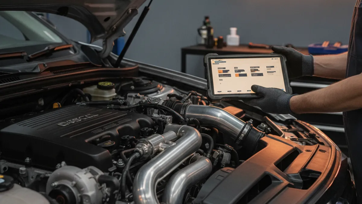 Diagnostic engine check in a workshop with a tablet next to an open bonnet