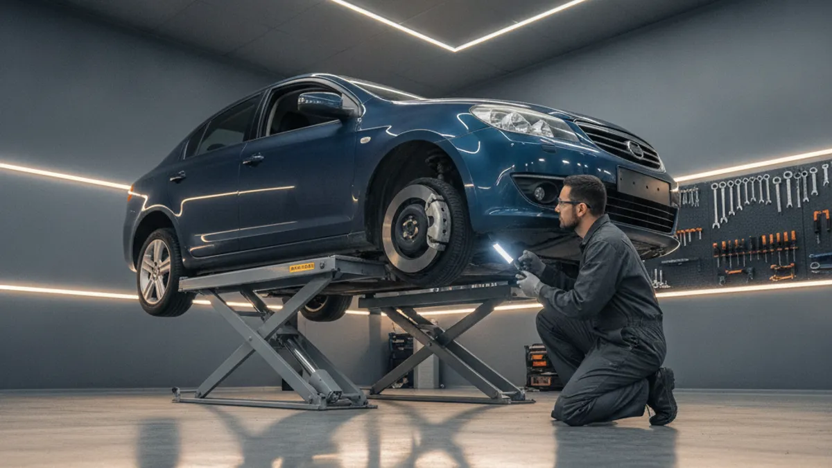 Compact car on a lift in a workshop, mechanic inspecting the suspension and brakes