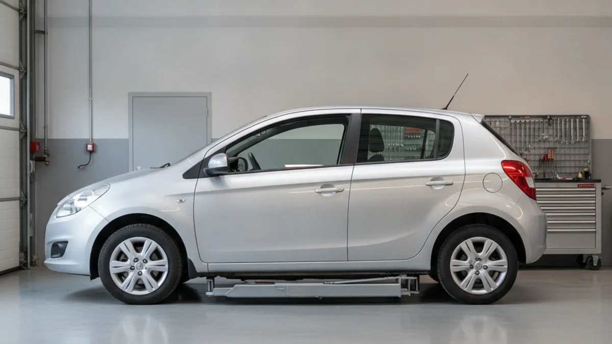 Mali gradski automobil na dizalici u radionici sa toplim osvjetljenjem