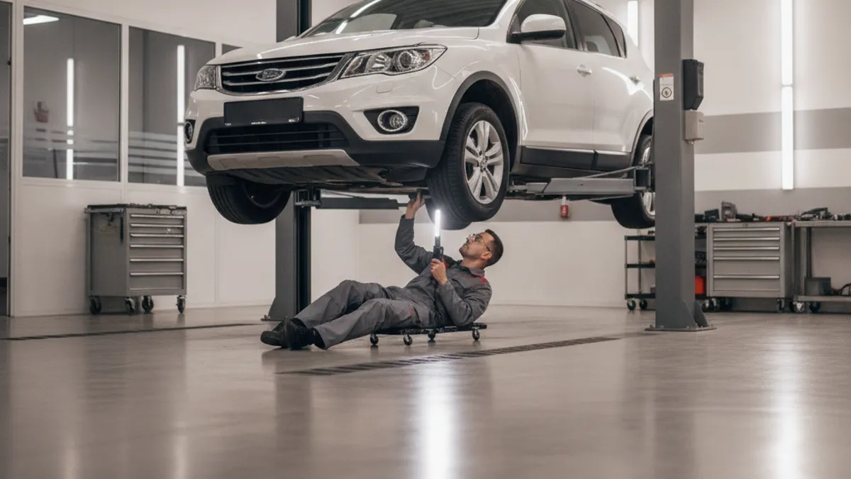 Bijeli SUV crossover na dizalici, mehaničar ispod pregledava podvozje