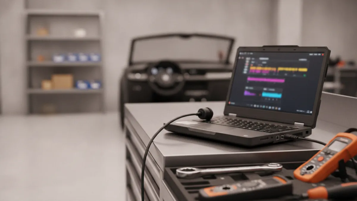 Laptop sa dijagnostičkim softverom spojen na auto u radionici