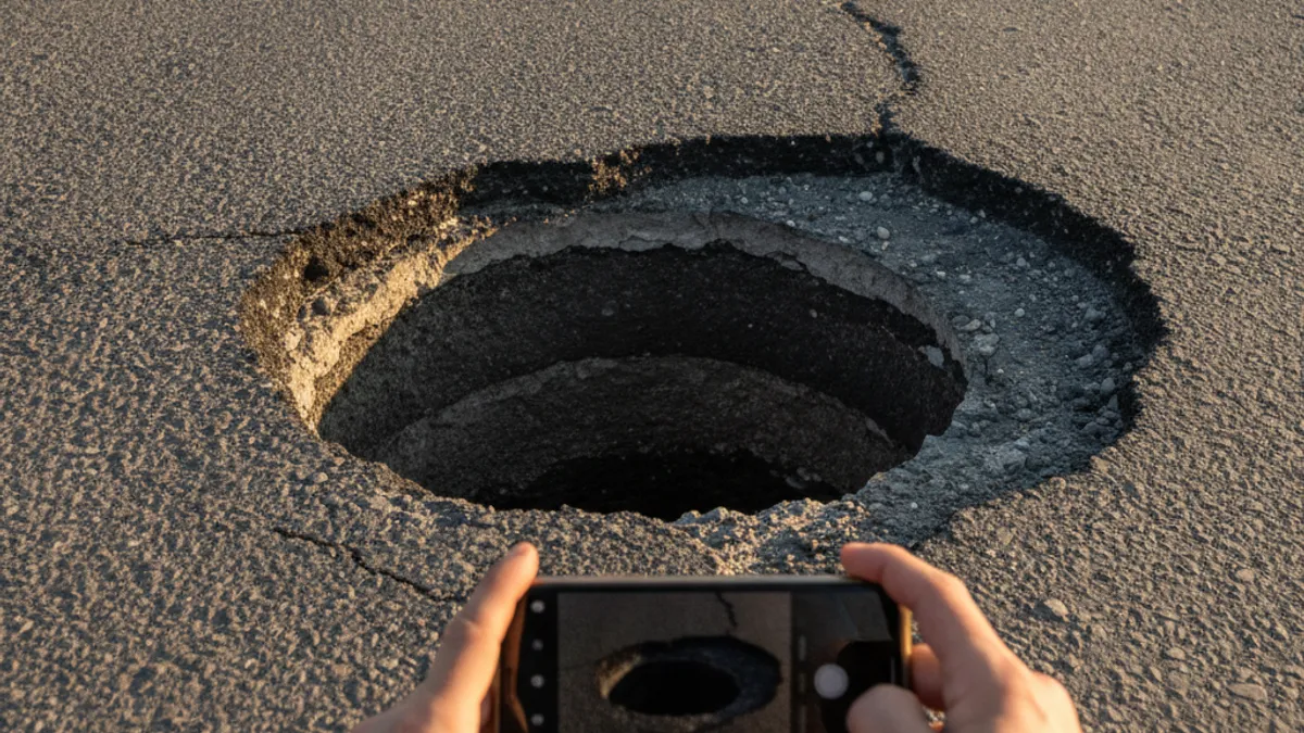 Fotografisanje rupe na putu mobilnim telefonom radi dokumentovanja oštećenja