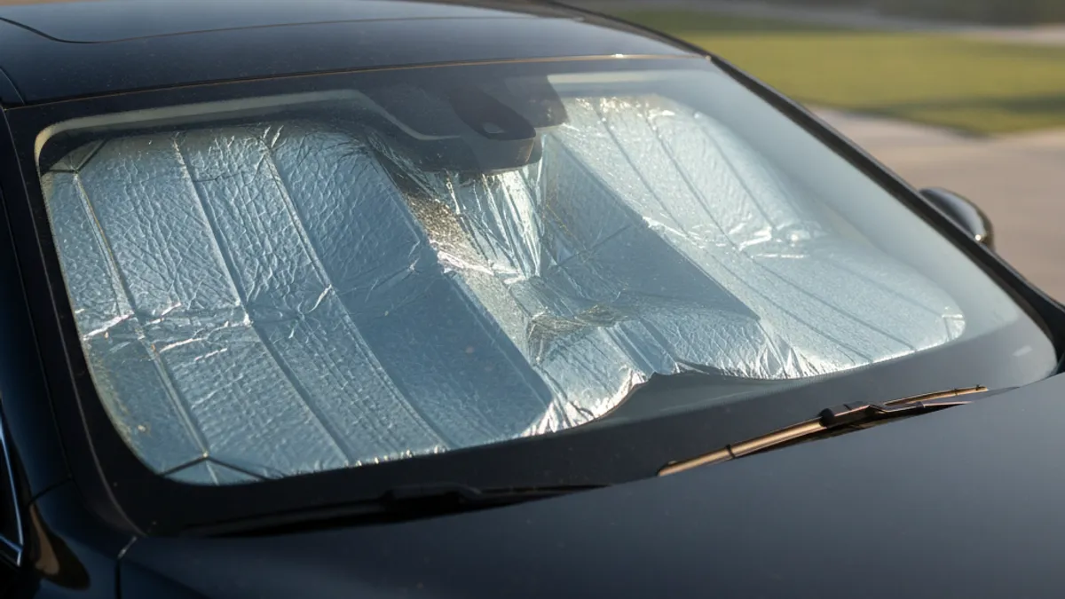 Srebrna reflektivna cerada postavljena na vjetrobransko staklo automobila pod ljetnim suncem
