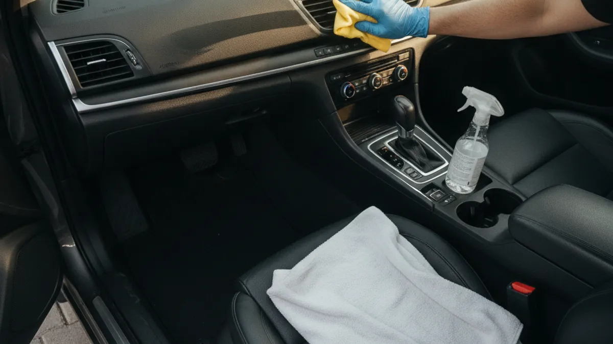 Ruka u zaštitnoj rukavici briše armaturu automobila mikrofiber krpom uz sprej za čišćenje