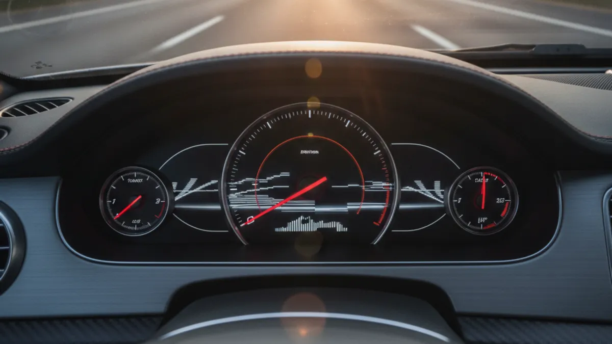 Car dashboard with speedometer, view through the windscreen onto a motorway in summer conditions
