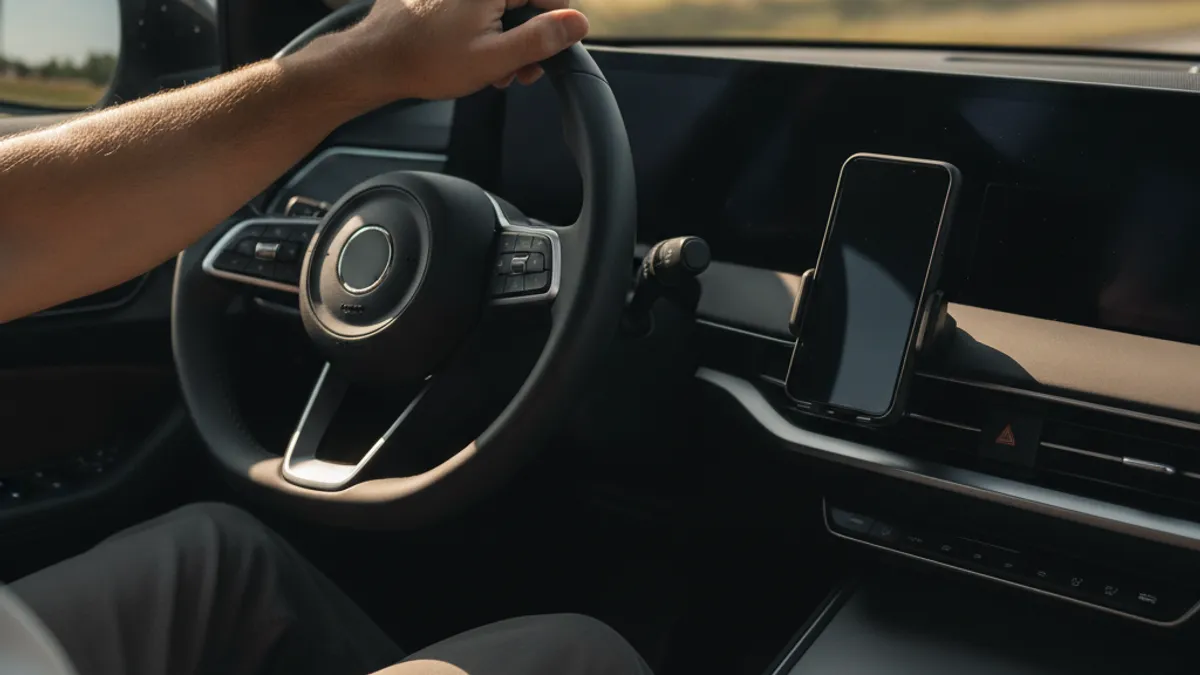 Driver's hand on the steering wheel with a smartphone visible on the dashboard, summer sunlight illuminating the interior