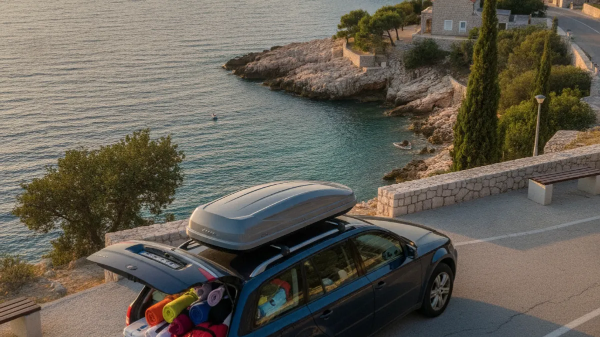 Family car ready for summer holiday parked at a rest area, with a Dalmatian landscape in the background