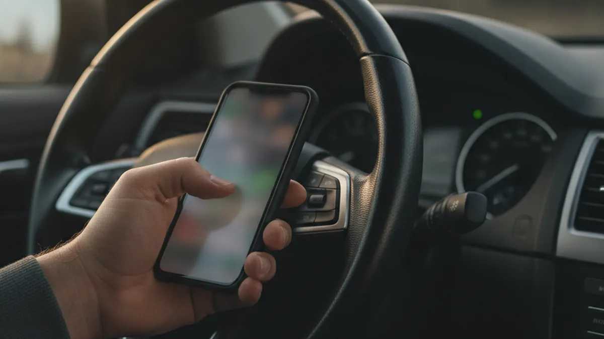 Vozač drži mobilni telefon za volanom tokom vožnje, pogled iz unutrašnjosti automobila