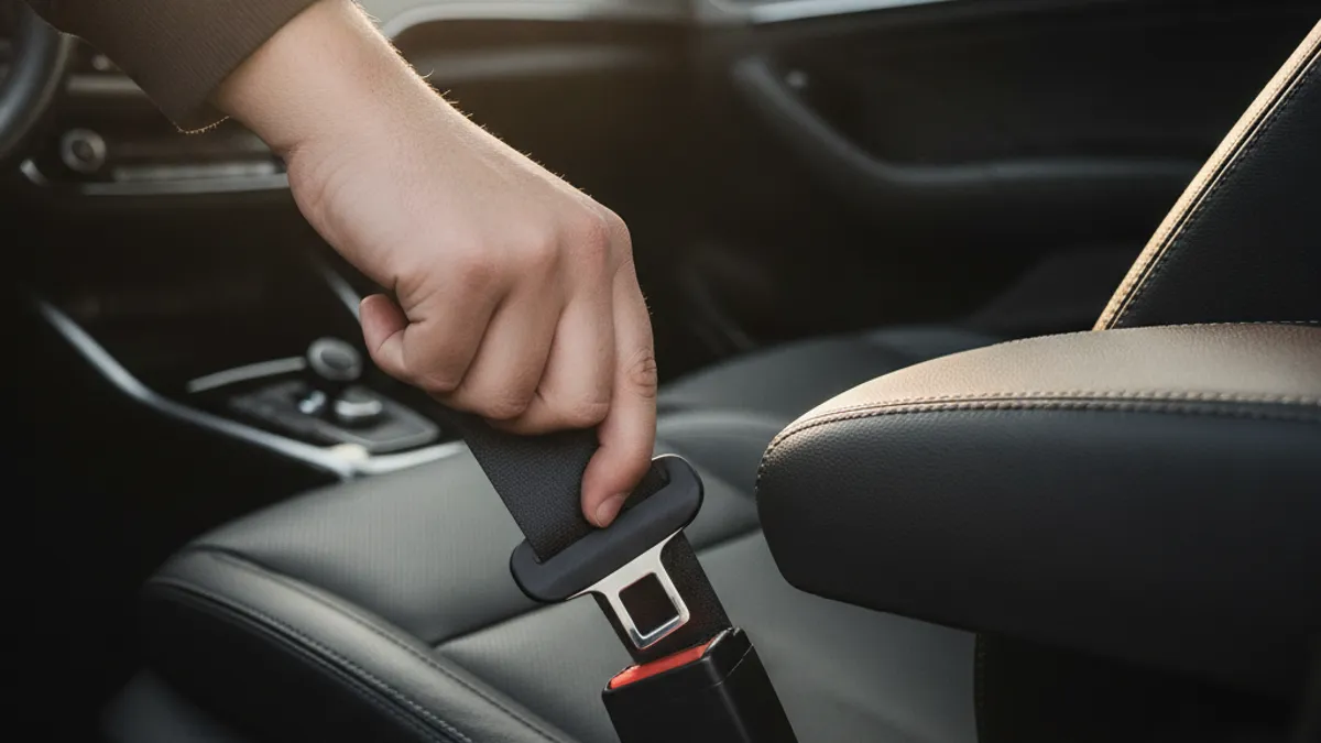 Vozač veže sigurnosni pojas u automobilu, pogled izbliza na kopču pojasa