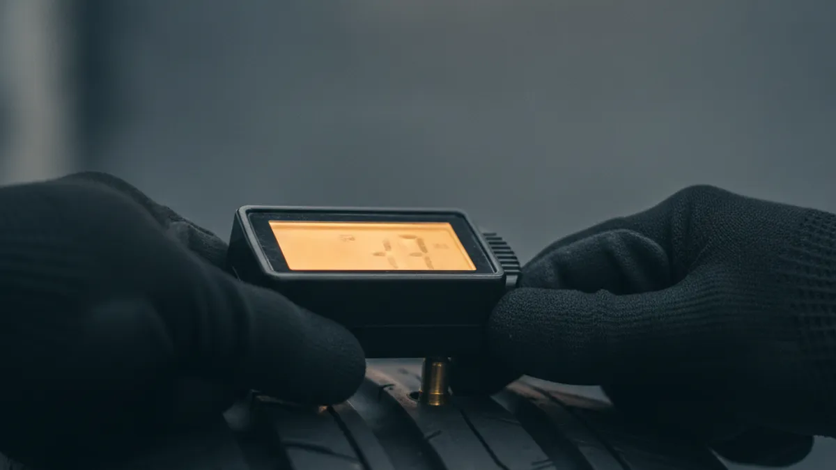 Digitalni mjerač pritiska prislonjen na ventil gume u radionici, prikaz na ekranu svijetli toplom bojom