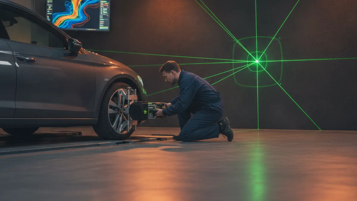 Mehaničar podešava uređaj za geometriju točkova montiran na točku evropskog hečbeka u radionici, vidljivi zeleni laserski snopovi