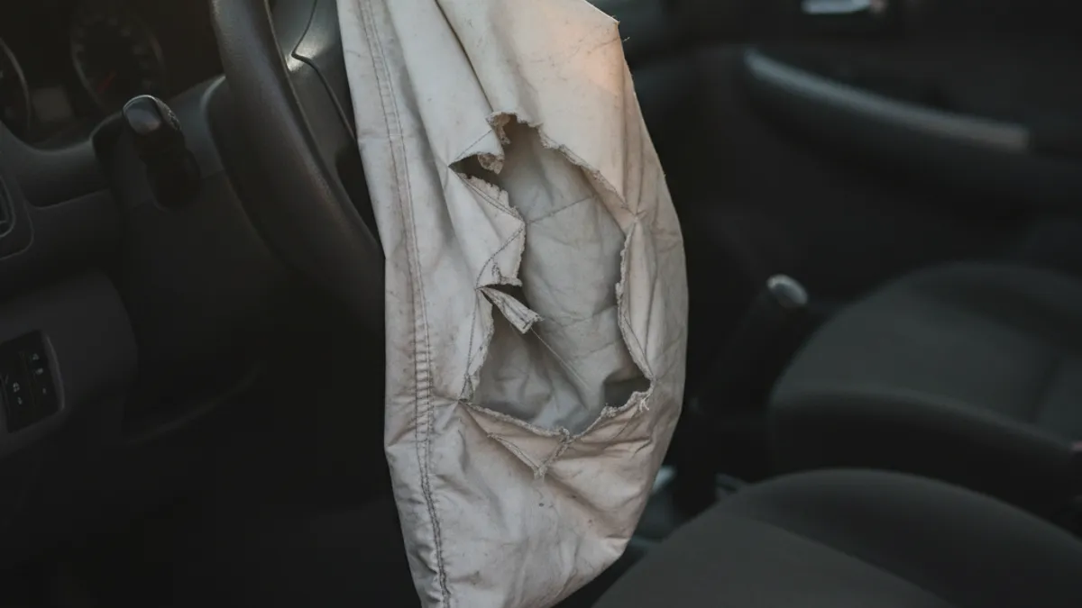 Aktivirani vazdušni jastuk u kabini automobila, vidljivo pocijepano platno i ispuhani jastuk