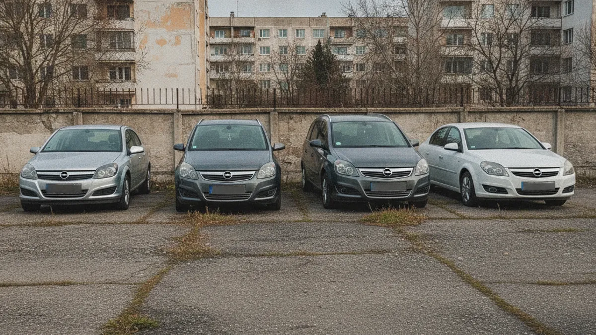 Red evropskih automobila iz perioda 2005-2015 na parkingu, sivkasti i bijeli tonovi karoserije