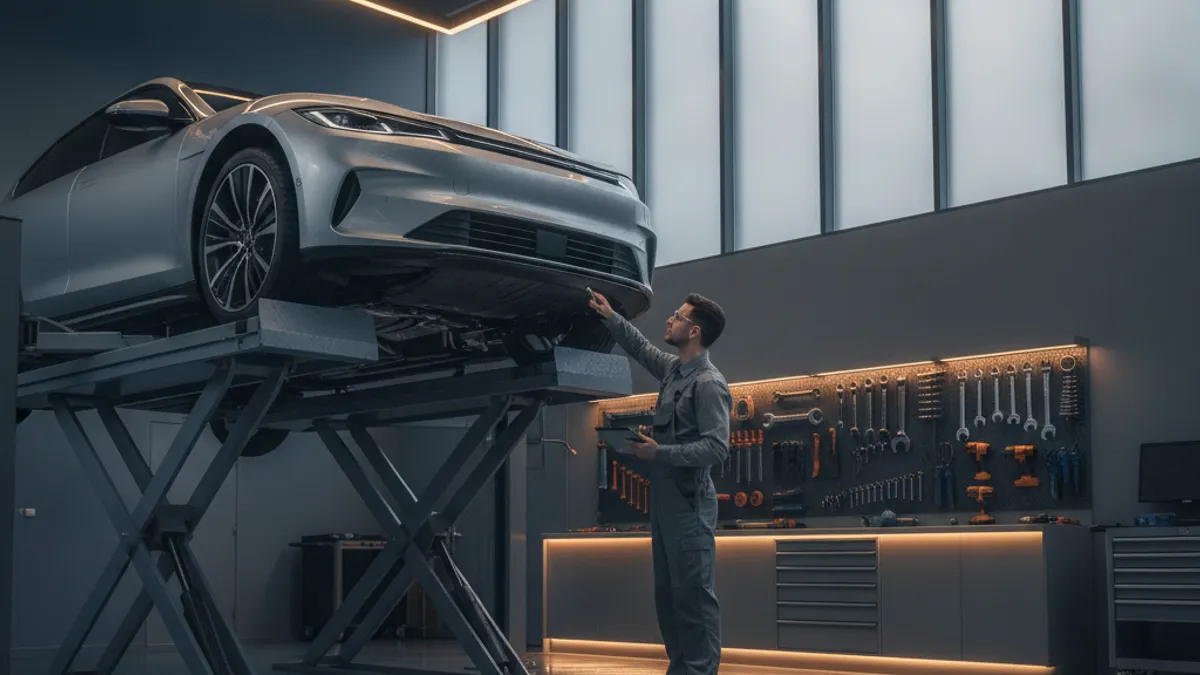 Automobil na hidrauličnoj dizalici u radionici tokom detaljnog pregleda podvozja i sigurnosnih sistema