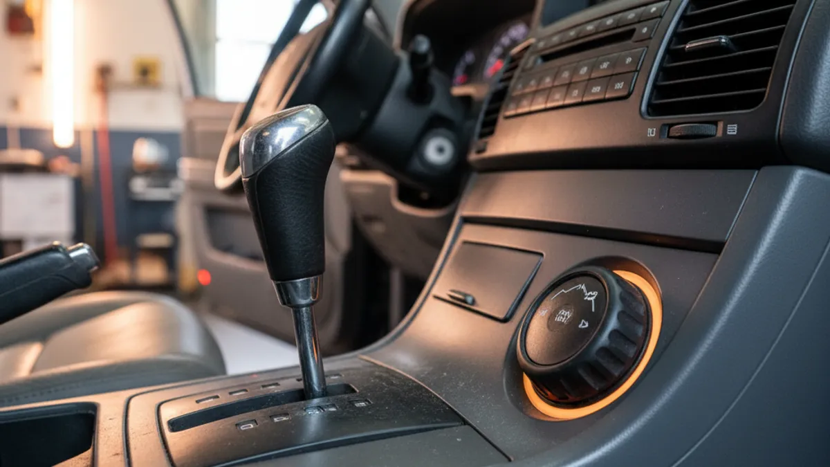 Detalj kabine polovnog SUV-a sa mjenjačem i rotacionim sklopnikom za odabir režima pogona na sva četiri točka, snimano u radionici tokom predkupovnog pregleda