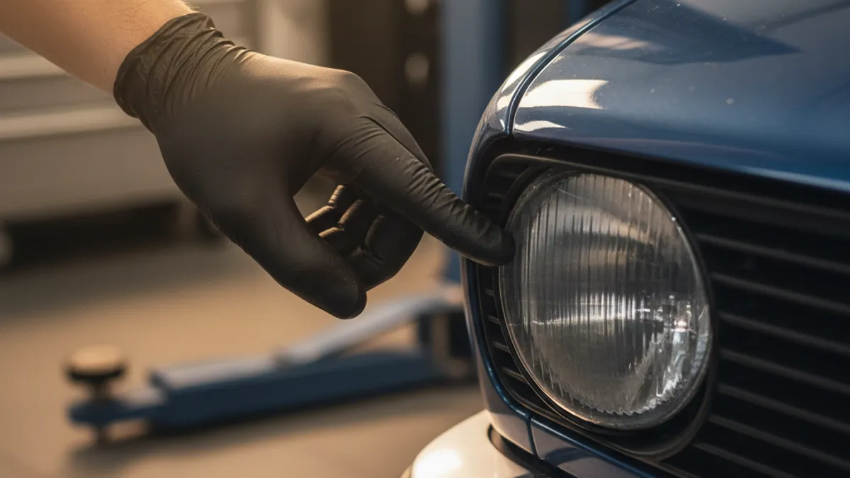 A mechanic checking the gap between the front bumper and wing, looking for signs of a previous collision on an imported car.