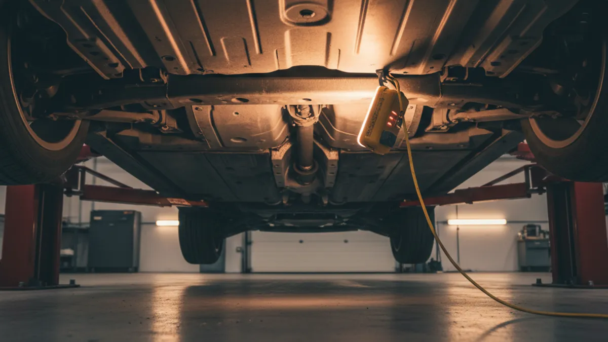 A car on a two-post lift in a workshop, a torch illuminating the underbody, factory welds and floor coating visible.