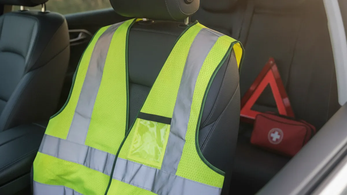 High-visibility vest and warning triangle inside a car cabin, ready for a roadside emergency