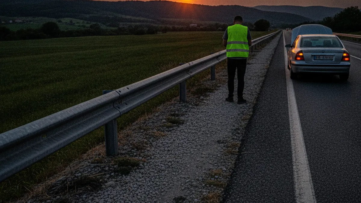 Driver in a high-visibility vest waiting behind the safety barrier on a motorway while their car sits on the hard shoulder