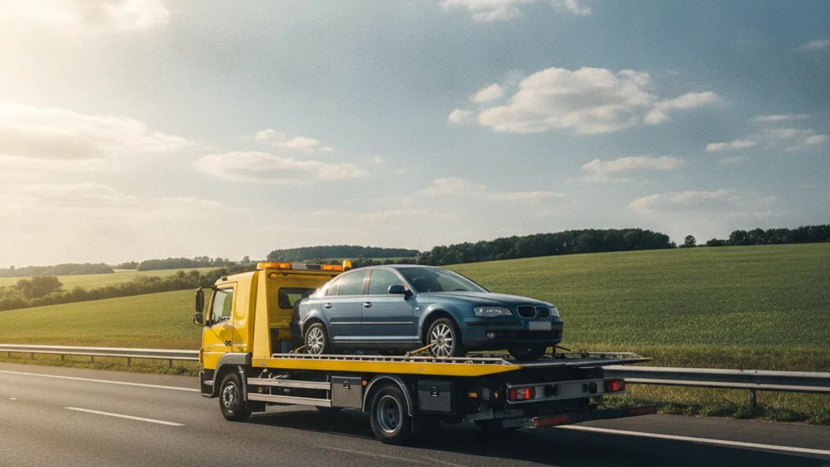 Tow truck loading a broken-down car on a motorway on a summer day