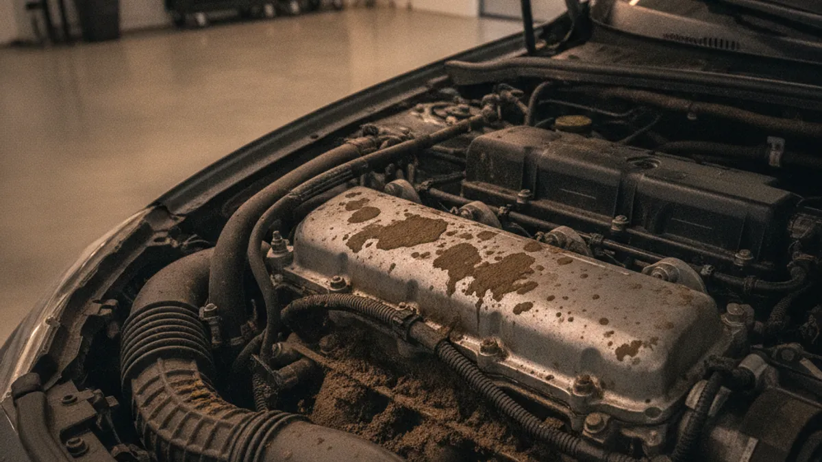 Motorni prostor sa vidljivim tragovima blatne vode na komponentama i kablažnom snopu