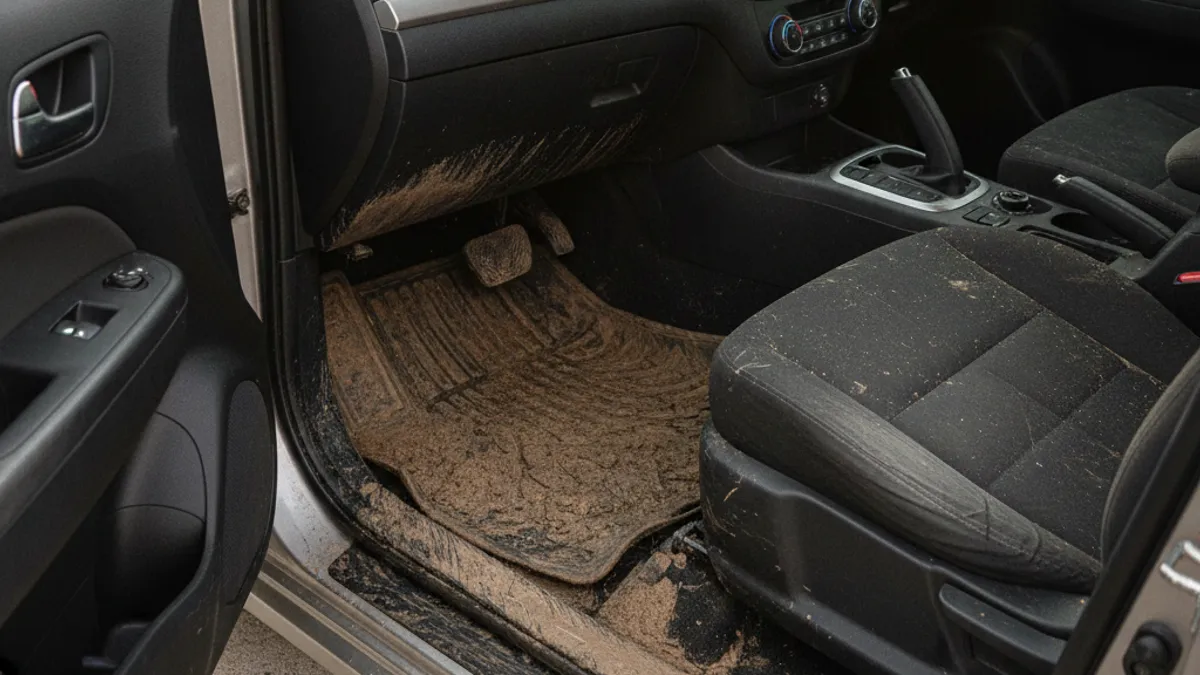 Enterijer automobila nakon poplave sa vidljivim tragovima vode na donjem dijelu vrata i tepihima