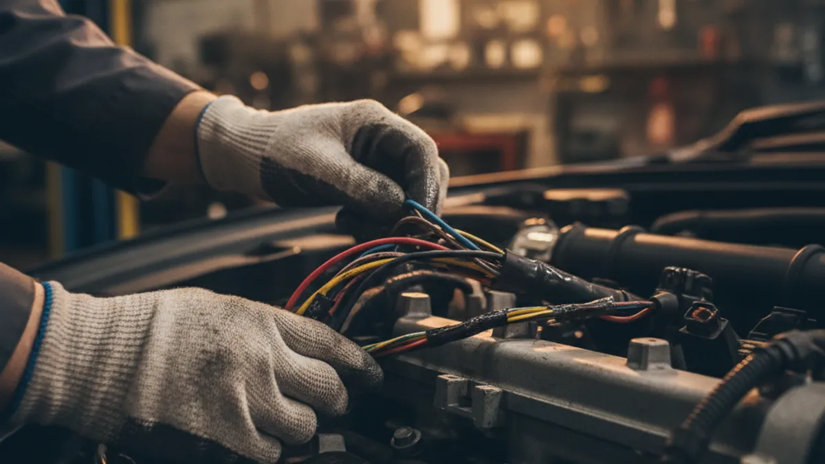 Ruke mehaničara u zaštitnim rukavicama pregledaju kablove i električnu instalaciju u motornom prostoru pod toplim radioničkim svjetlom