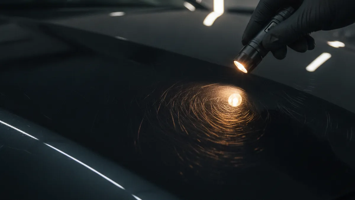 Kružni swirl tragovi vidljivi na tamnom laku automobila pod usmjerenim svjetlom u radionici