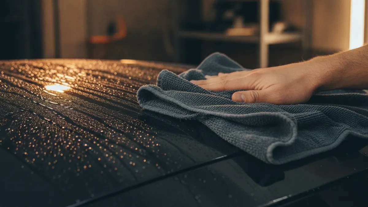 Ruka nježno tapka mokru karoseriju automobila velikom mikrofibra krpom za sušenje u zatvorenom prostoru