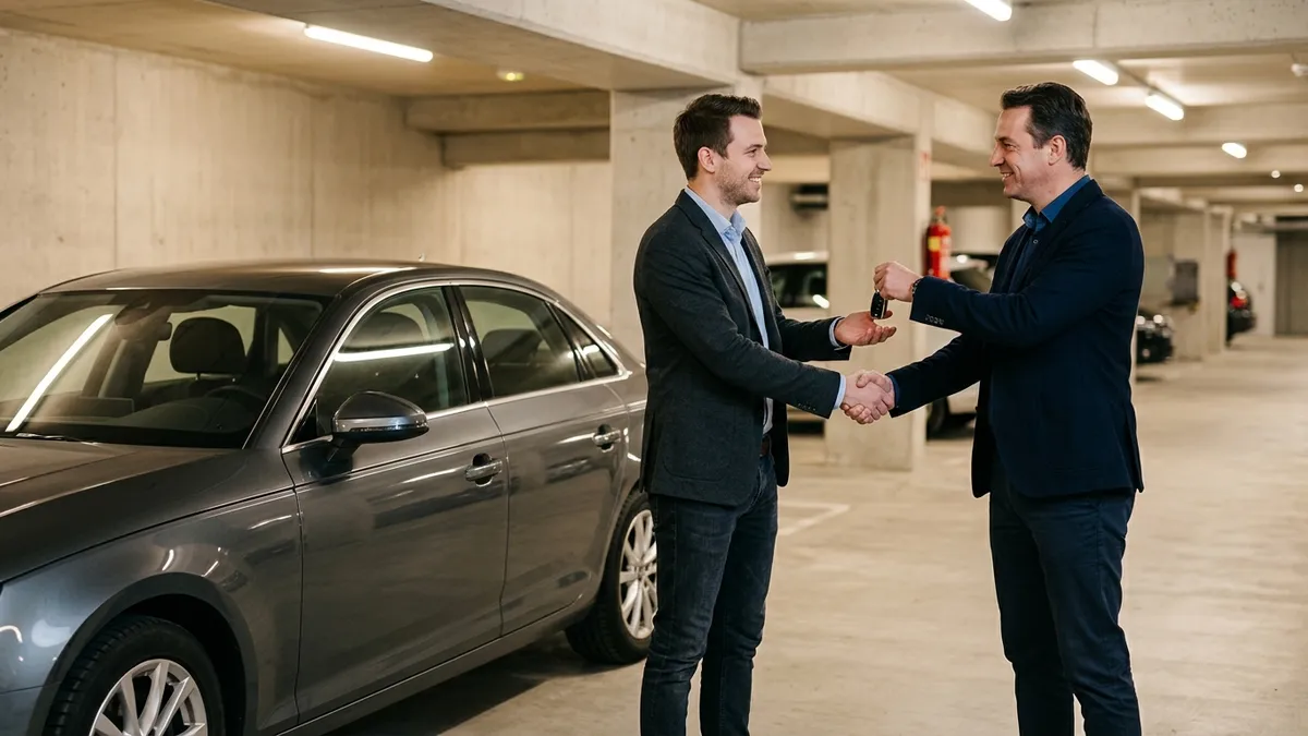 Dva muškarca se rukuju pored parkiranog automobila u čistoj, dobro osvijetljenoj zatvorenoj garaži