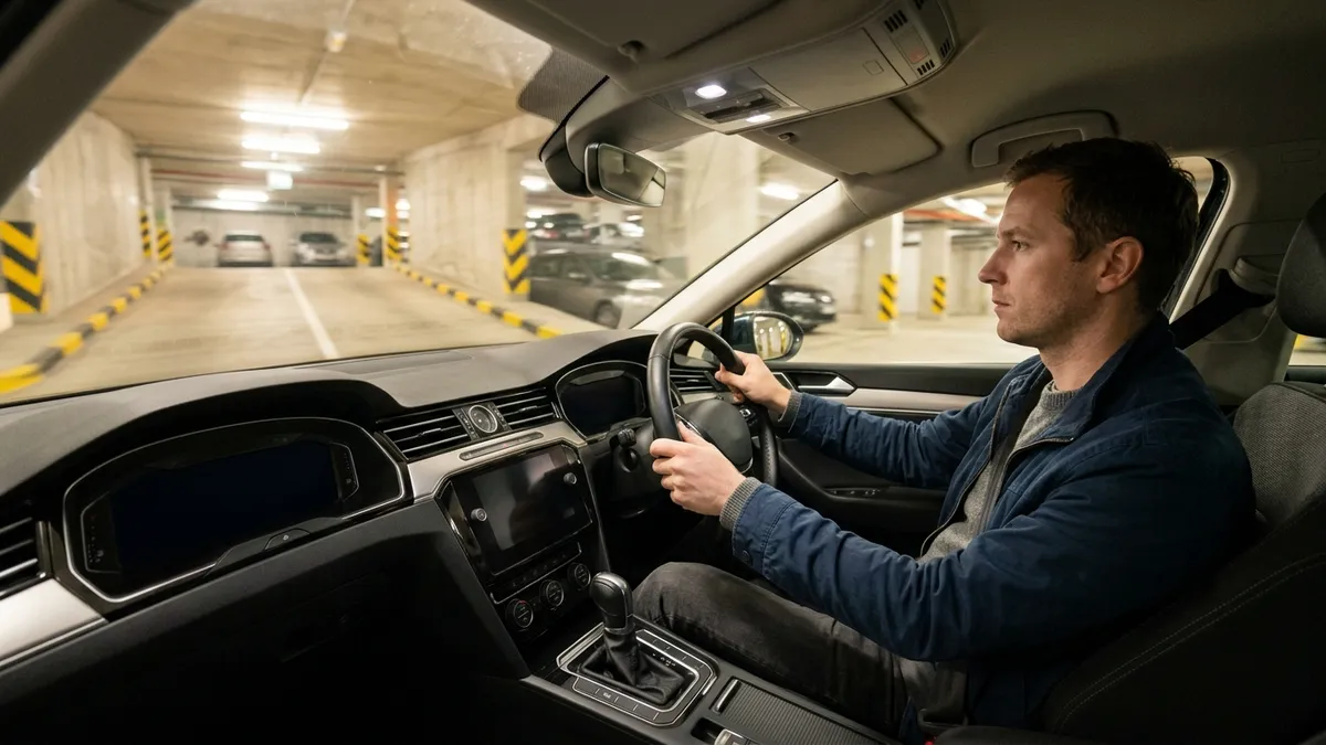 Unutrašnjost automobila tokom test vožnje, pogled sa suvozačkog mjesta na vozača koji drži volan