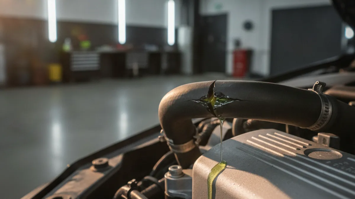 Cracked rubber cooling-system hose with traces of antifreeze leaking in the engine bay