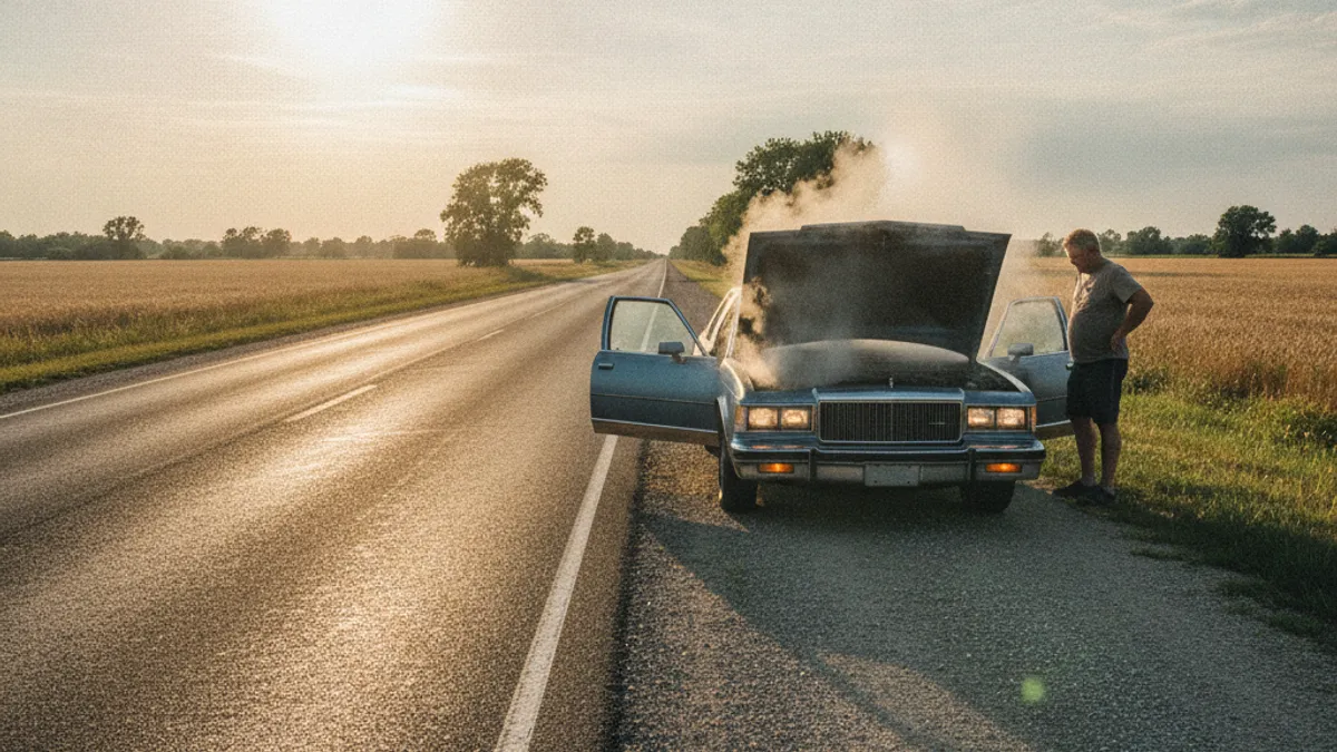 Car with hazard lights on, pulled over on a sunny road, steam rising from the engine bay