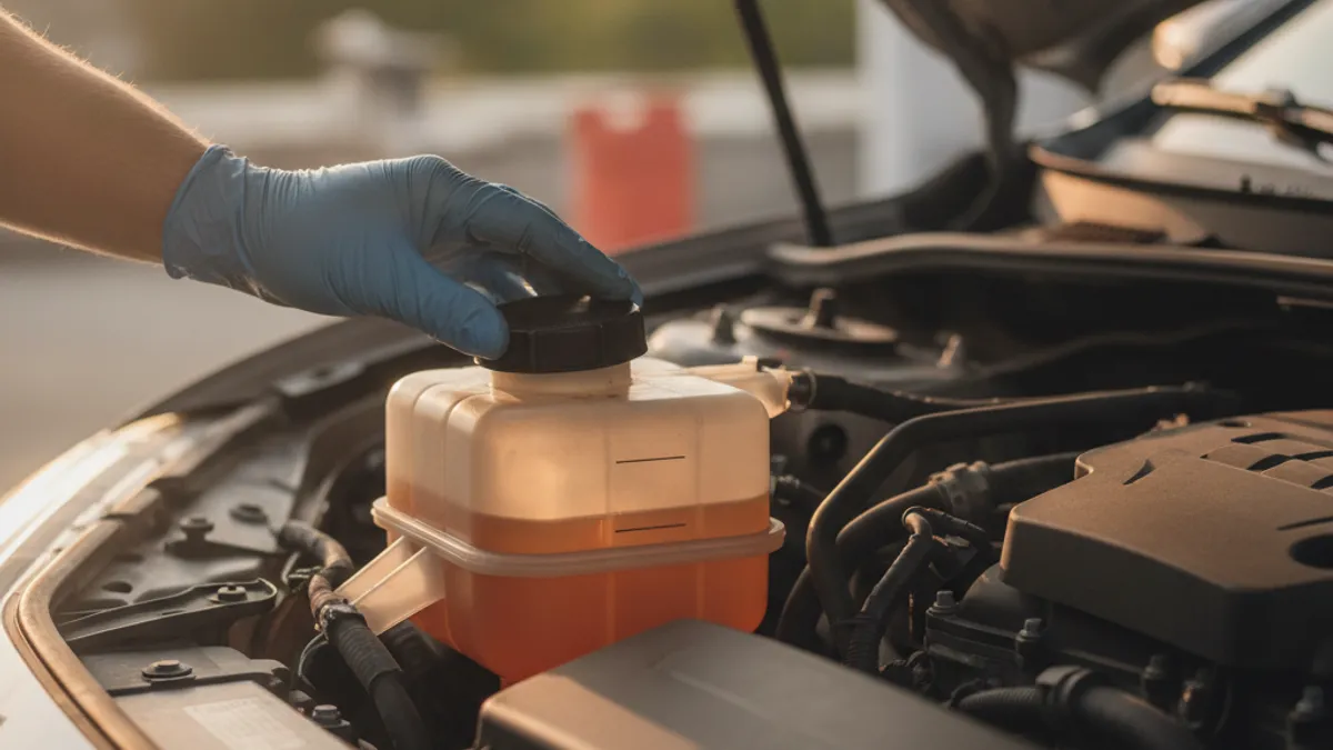 Hand checking the coolant level in a transparent expansion tank under a car bonnet
