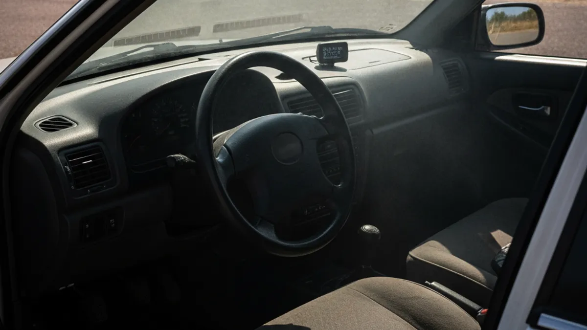 Unutrašnjost parkiranog automobila na suncu sa intenzivnim osvjetljenjem i vidljivom vrućinom