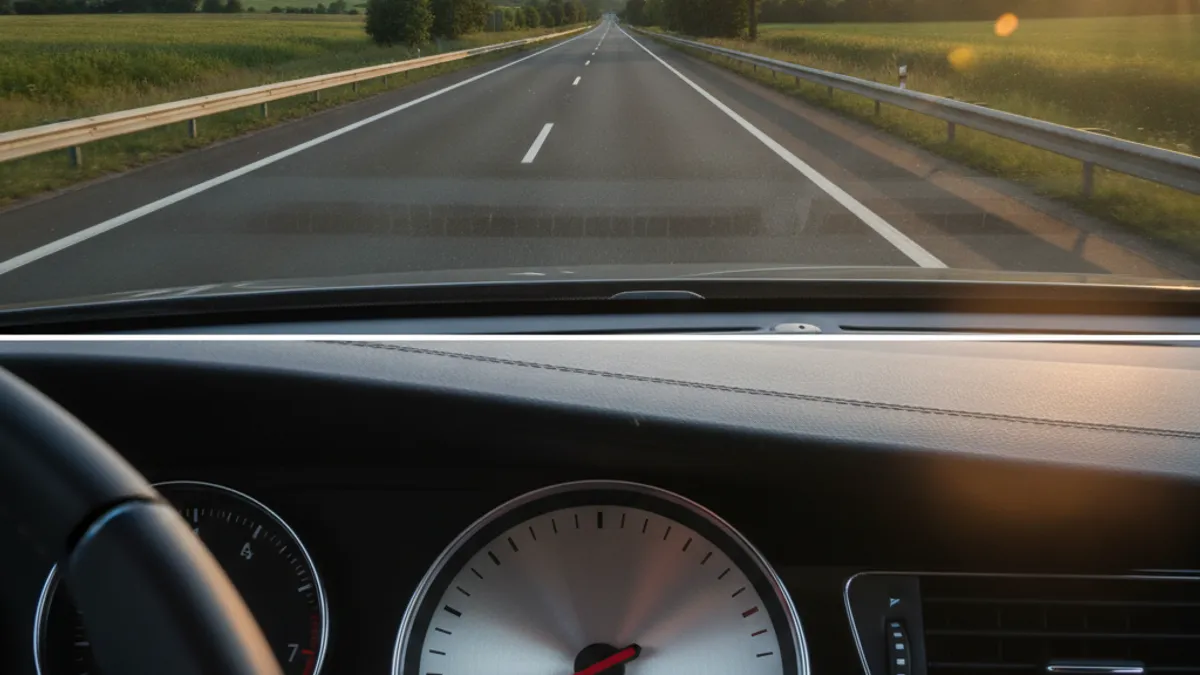 Pogled na autoputnu vožnju kroz vjetrobransko staklo sa instrumentima na tabli, ljetnji pejzaž