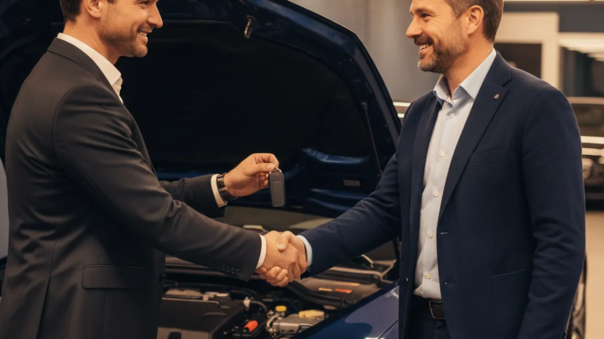 Dva muškarca se rukuju nakon dogovorene kupoprodaje automobila