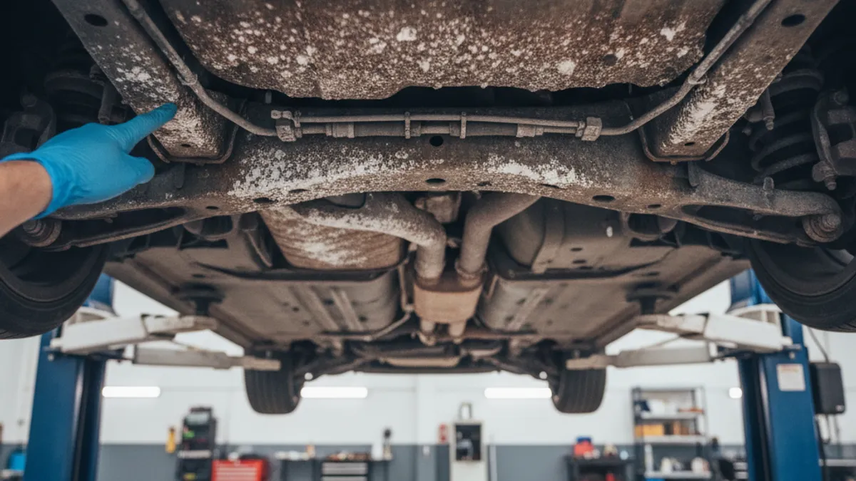Podvozje automobila na dizalici u radionici, vidljivi tragovi korozije od soli na metalnim dijelovima ovjesnog sistema