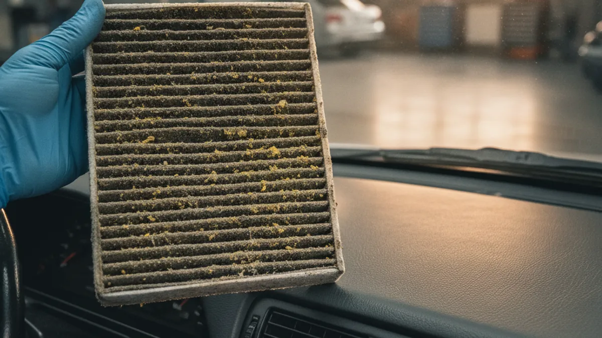 Zaprljan kabinski filter izvađen iz automobila u radionici, vidljiva prašina i organski ostaci nakon ljetne sezone
