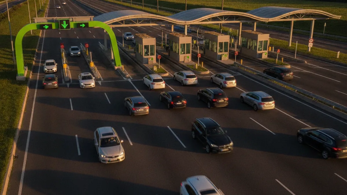 Naplatne trake na autoputu, elektronska traka bez reda i klasična sa automobilima u čekanju
