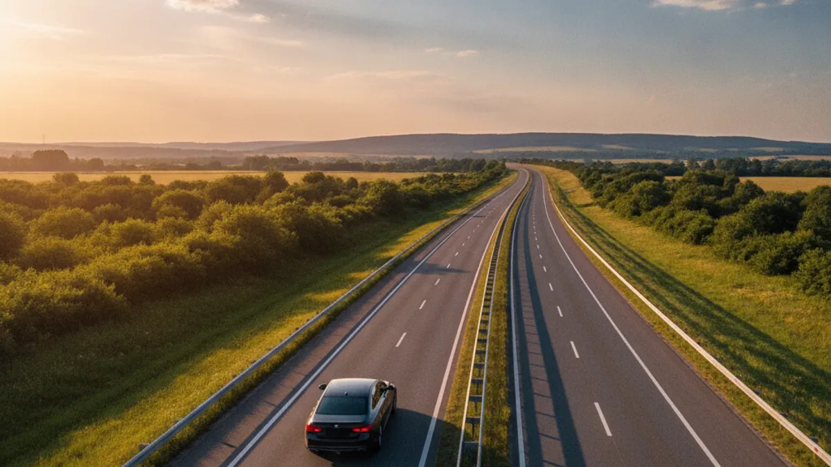 Automobil na otvorenom autoputu ljeti, pogled odozgo na modernu dionicu sa zelenim okolišem