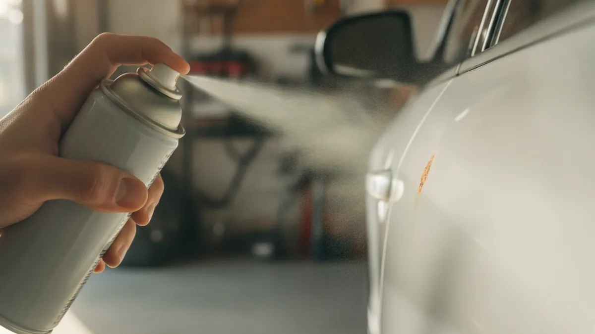 Nanošenje sredstva za konverziju rđe na mali korodirani dio na rubu vrata automobila u garažnom okruženju sa prirodnim osvjetljenjem