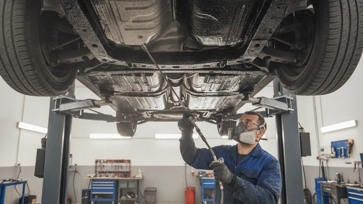 Mehaničar nanosi tamni bitumenski zaštitni premaz na podvozje automobila podignutog na dizalici u radionici