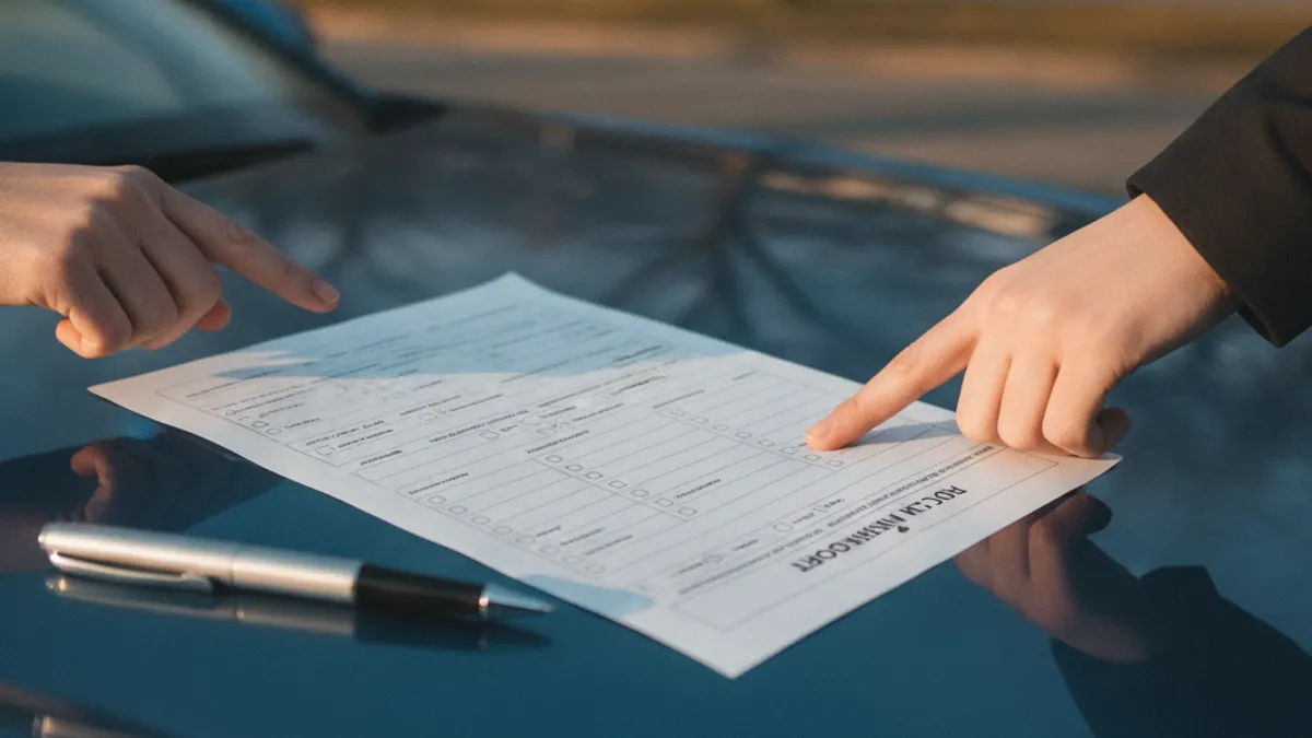 Evropski izvještaj o saobraćajnoj nesreći na haubi automobila uz hemijsku olovku, ruke dva učesnika iznad dokumenta