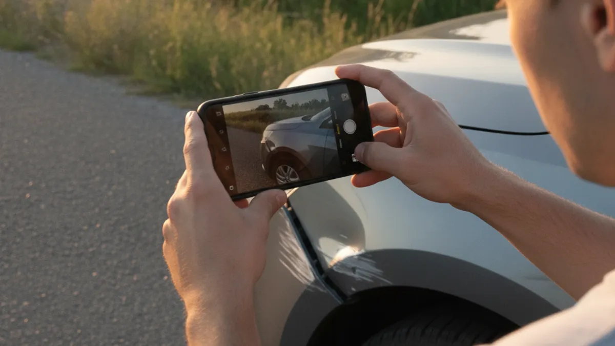 Vozač fotografiše oštećeni prednji branik automobila mobilnim telefonom na bankini puta po dnevnom svjetlu