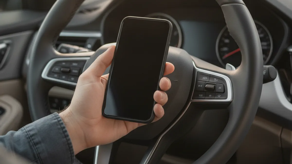 Ruka vozača drži mobilni telefon za volanom tokom vožnje, jedan od najčešćih prekršaja u BiH saobraćaju