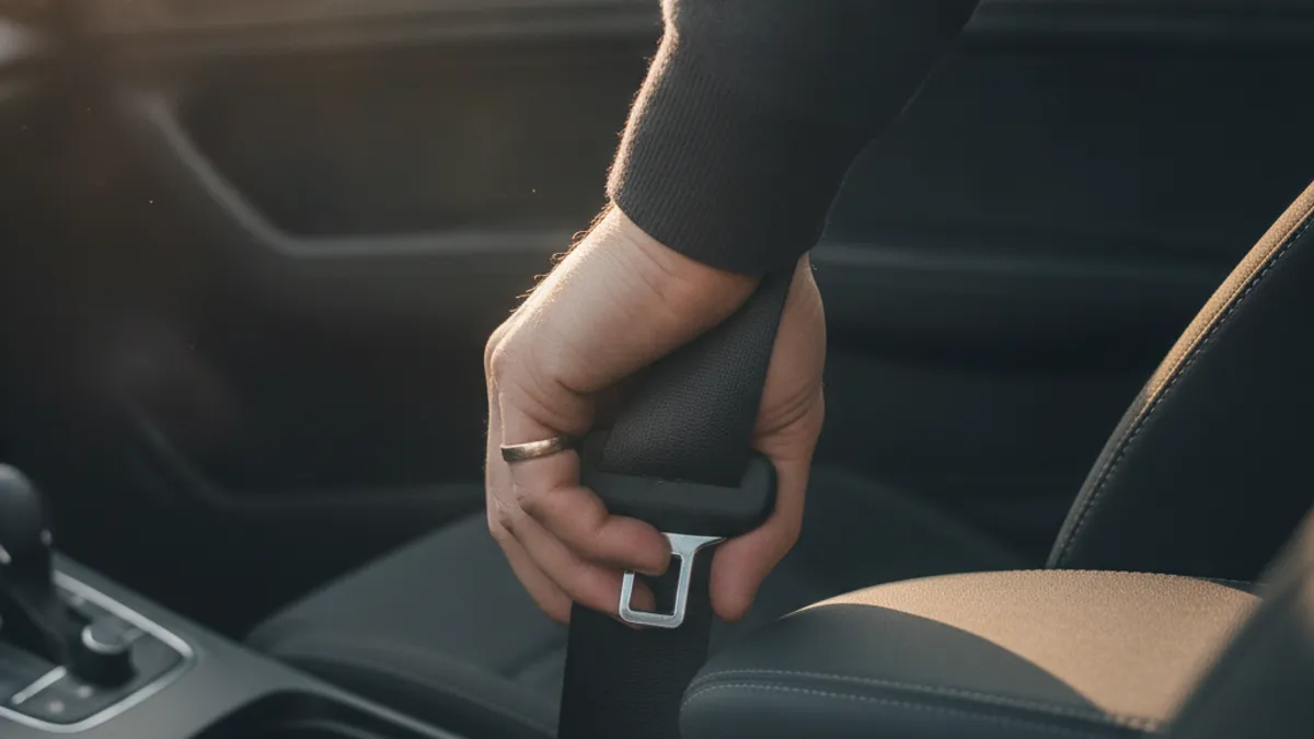 Vozač veže sigurnosni pojas prije polaska u automobilu sa tamnim enterijerom, krupni plan kopče pojasa