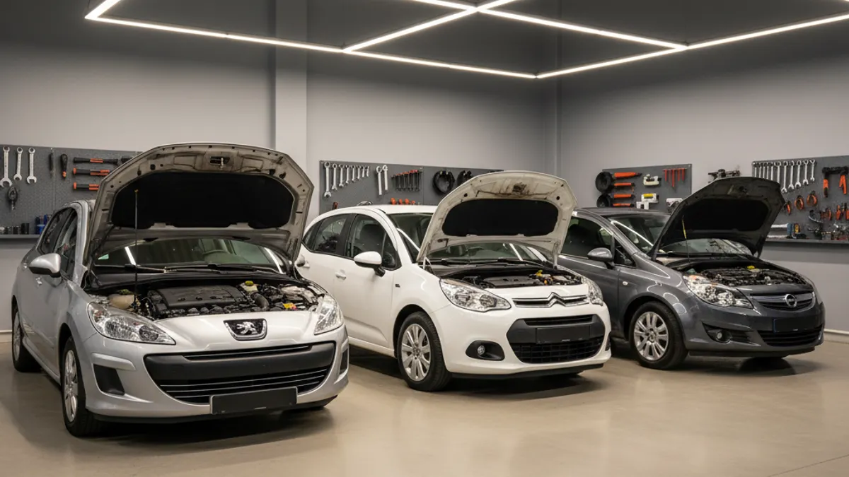 Evropski kompaktni dizel automobili sa otvorenim haubama u radioničkom prostoru pod toplim LED osvjetljenjem