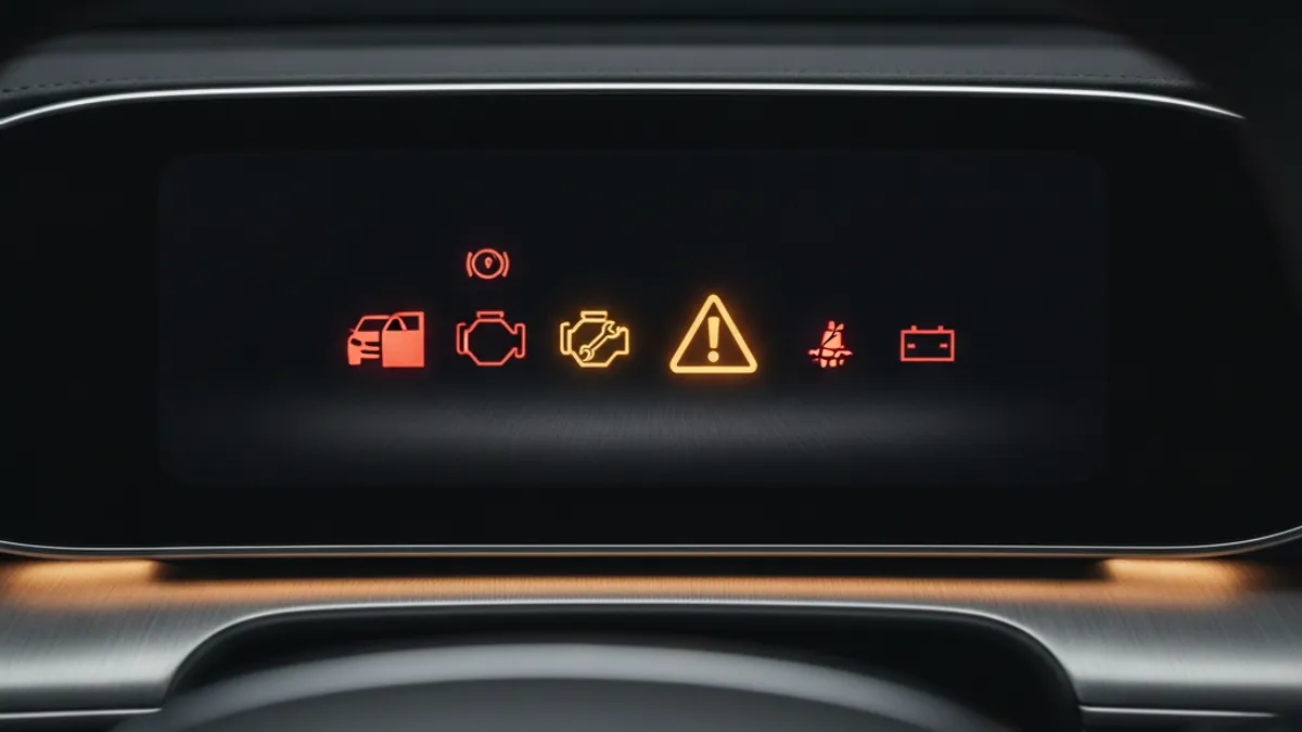 Modern car dashboard with an illuminated door-system fault warning