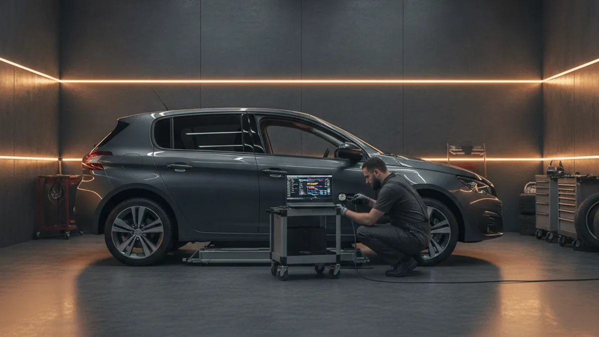 Mechanic in a workshop connecting a diagnostic laptop to the OBD port of a modern car